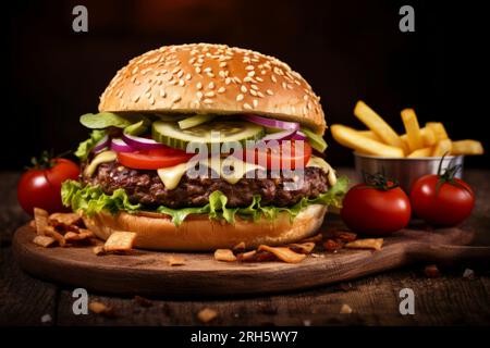 Un delizioso hamburger abbinato a patatine croccanti su uno sfondo rustico. Foto Stock