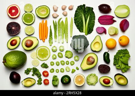 Una diversa composizione di alimenti nutrienti presentati elegantemente in una disposizione equilibrata. Foto Stock