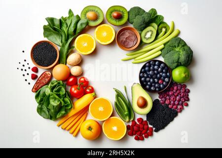 Una diversa composizione di alimenti nutrienti presentati elegantemente in una disposizione equilibrata. Foto Stock