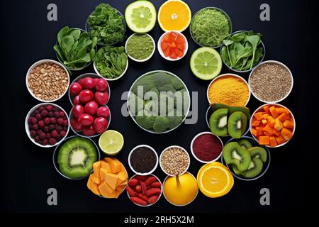 Una diversa composizione di alimenti nutrienti presentati elegantemente in una disposizione equilibrata. Foto Stock