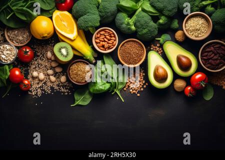 Una diversa composizione di alimenti nutrienti presentati elegantemente in una disposizione equilibrata. Foto Stock
