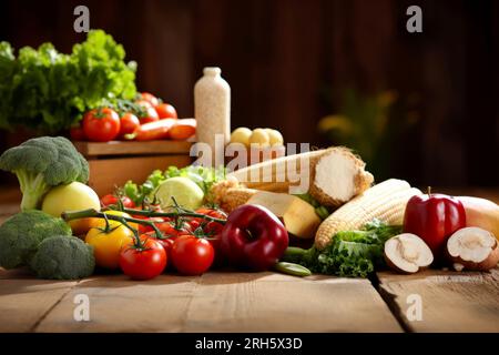 Una diversa composizione di alimenti nutrienti presentati elegantemente in una disposizione equilibrata. Foto Stock