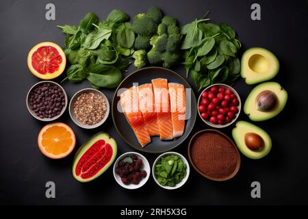 Una diversa composizione di alimenti nutrienti presentati elegantemente in una disposizione equilibrata. Foto Stock