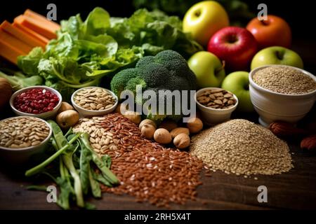 Una diversa composizione di alimenti nutrienti presentati elegantemente in una disposizione equilibrata. Foto Stock