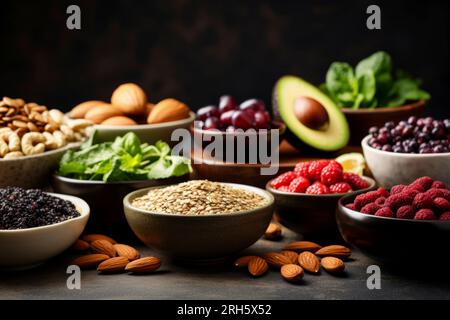 Una diversa composizione di alimenti nutrienti presentati elegantemente in una disposizione equilibrata. Foto Stock