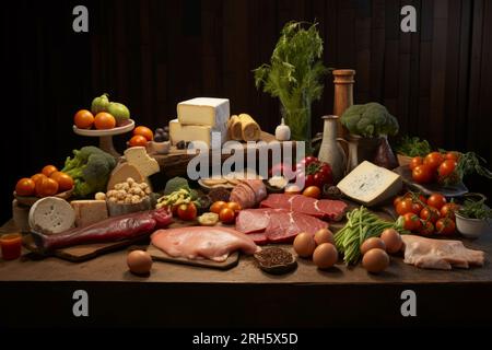 Una diversa composizione di alimenti nutrienti presentati elegantemente in una disposizione equilibrata. Foto Stock