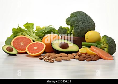 Una diversa composizione di alimenti nutrienti presentati elegantemente in una disposizione equilibrata. Foto Stock