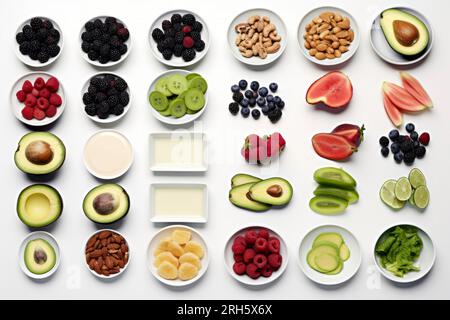 Una diversa composizione di alimenti nutrienti presentati elegantemente in una disposizione equilibrata. Foto Stock