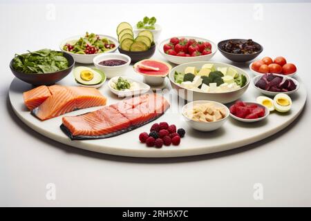 Una diversa composizione di alimenti nutrienti presentati elegantemente in una disposizione equilibrata. Foto Stock