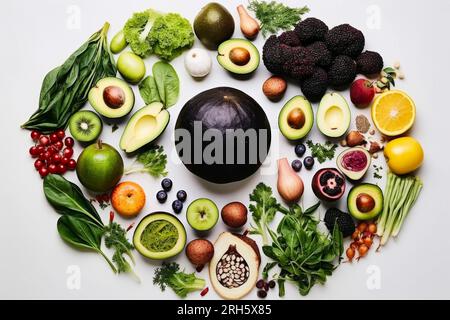 Una diversa composizione di alimenti nutrienti presentati elegantemente in una disposizione equilibrata. Foto Stock