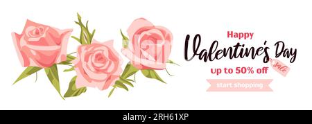 Buon San Valentino. Banner orizzontale luminoso in stile realistico, rose rosa inglesi. Per banner pubblicitari, poster, volantini Illustrazione Vettoriale