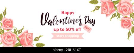 Buon San Valentino. Striscione orizzontale luminoso con eleganti elementi floreali. Stile realistico, rose rosa primaverili. Per banner pubblicitari, poster, Illustrazione Vettoriale