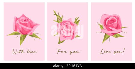 Imposta illustrazione vettoriale carino per il giorno delle valentine. Rose rosa eleganti e realistiche con testo. Ti voglio bene. Per cartoline, poster, stampa di vestiti. Illustrazione Vettoriale