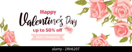 Buon San Valentino. Striscione luminoso orizzontale con un bouquet di boccioli di rosa. Stile realistico, rose color pesca. Per banner pubblicitari, poster, f Illustrazione Vettoriale