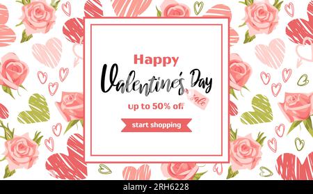 Banner orizzontale per San Valentino. Cuori e rose. Motivo moderno audace, graffiti. Illustrazioni vettoriali brillanti con trame grunge in uno schizzo Illustrazione Vettoriale