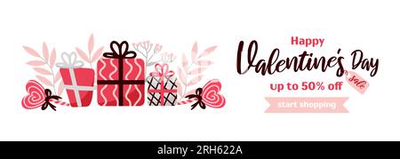 Buon San Valentino. Striscione orizzontale luminoso in stile cartone animato, rosa - grigio. Lecca lecca, cuori, regali, foglie. Per banner pubblicitari, pubblica Illustrazione Vettoriale