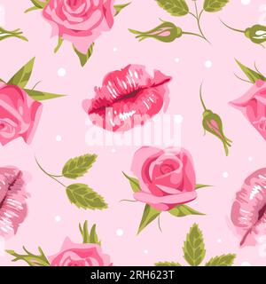 San Valentino. labbra e rose. Eleganti rose rosa inglesi senza cuciture, stile vintage. Per matrimoni, carta da parati, stampa su tessuto, confezione Illustrazione Vettoriale