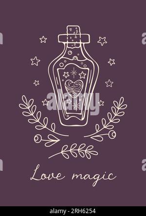 Graziosa illustrazione vintage per San Valentino. La strega magica ama pozione, foglie e bacche. Per poster, cartoline, striscioni, elementi di design Illustrazione Vettoriale