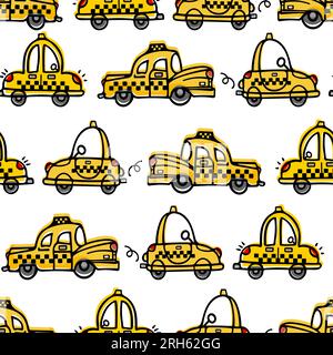 Carino taxi retrò giallo cartoni animati lungo la strada. Illustrazione dei cartoni animati per bambini in stile doodle. Per bambini, asilo, carta da parati, tessuto per stampa, W Illustrazione Vettoriale