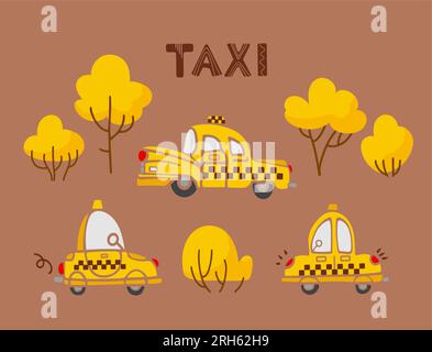 Set di carini taxi gialli e alberi da cartoni animati d'epoca in colori caldi e vivaci. Per ragazzi, vivaio, adesivi, poster, cartoline, elementi di progettazione. Illustrazione Vettoriale