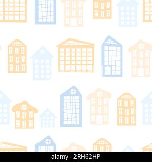 Graziose case per bambini in stile scandinavo con colori pastello tenui. Illustrazione vettoriale, motivo senza cuciture per vivaio, carta da parati, stampa su tessuto, spessore Illustrazione Vettoriale