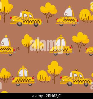 Carini taxi gialli dei cartoni animati che guidano lungo la strada e gli alberi in colori caldi e luminosi. Illustrazione vettoriale, modello senza cuciture per bambini, asilo nido, Illustrazione Vettoriale