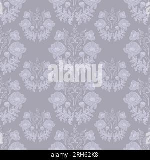 Splendidi mazzi di papavero con motivo vintage senza cuciture su sfondo grigio. Stile rococò. Illustrazione botanica per carta da parati, stampa tessuto, confezione Illustrazione Vettoriale