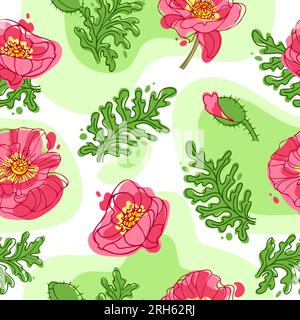 Fiori e foglie di papaveri su macchie di colore. Modello estivo brillante e succoso. Nei colori rosa e verde. Illustrazione botanica per carta da parati, supporto in tessuto Illustrazione Vettoriale