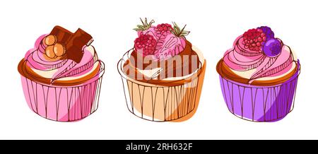 Set di cupcake con mirtilli, fragole e cioccolato. Giorno più dolce. Illustrazione moderna di cibo vettoriale in stile schizzo. Per libri di cucina, adesivi, Illustrazione Vettoriale
