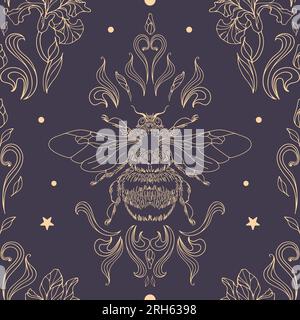 Golden bumblebee, stelle e foglie su sfondo scuro. Motivo senza cuciture in stile vintage. Halloween, magia, stregoneria, astrologia, misticismo. Per wa Illustrazione Vettoriale