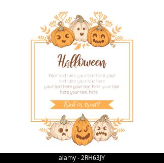 Telaio con lanterna Jack o. Buon Halloween. Zucche vintage disegnate a mano con visi spaventosi e divertenti. Per cornice, modello, cartoline, striscioni, Illustrazione Vettoriale