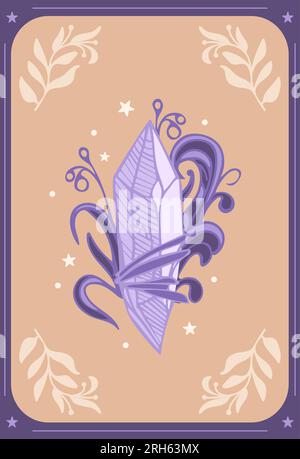 Amethyst. Cristallo viola con ciuffi di una pianta. I minerali magici. amuleto rituale. Illustrazione vintage in stile boho. Halloween, stregoneria. Per il log Illustrazione Vettoriale