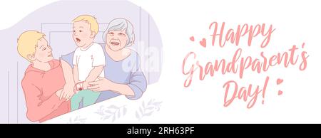 Buon giorno dei nonni. Nonna e nipoti abbracciano e ridono. Famiglia amorevole, relazioni generazionali. Fratelli, figli di tutte le età. Per po Illustrazione Vettoriale
