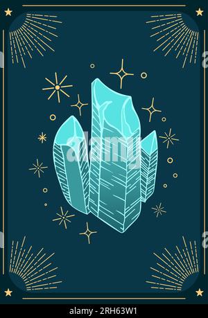 Scintillante cristallo blu. I minerali magici, l'amuleto rituale. Illustrazione vintage in stile boho. Halloween, stregoneria. Per logo, poster, cartoline, Illustrazione Vettoriale