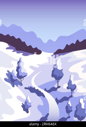 Splendido paesaggio invernale. Montagne, fiume ghiacciato e cielo. Colline innevate e alberi. Nei toni blu-violetto. Turismo sciistico, snowboard, viaggi e. Illustrazione Vettoriale