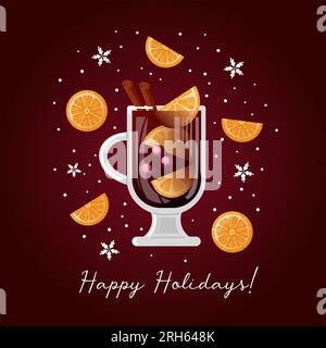 Bevande invernali. VIN brulé con fette d'arancia, mirtilli rossi e bastoncini di cannella. Fiocchi di neve. Illustrazione del cibo vettoriale per menu, caffè, cartoline, poster, Illustrazione Vettoriale