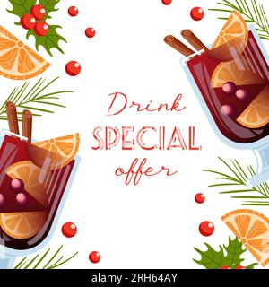 VIN brulé con arancia, mirtilli rossi e bastoncini di cannella in un calice di calice. Offerta speciale bevande invernali. Holly, aghi di abete rosso. Illustrazione vettoriale Illustrazione Vettoriale
