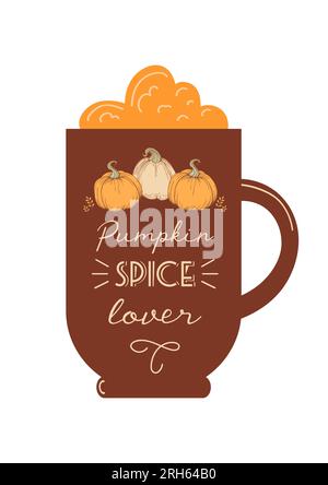 Amante delle spezie di zucca. Giornata internazionale del caffè. Sagoma di un vetro con schiuma. Lettering vintage. Per caffè, negozi, menu, poster, cartoline, banner Illustrazione Vettoriale