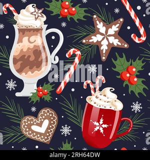 Bevande natalizie invernali, motivo senza cuciture. Cioccolata calda e panna montata. canna da zucchero. Pan di zenzero sotto forma di fiocchi di neve e cuori. Spruce e h Illustrazione Vettoriale