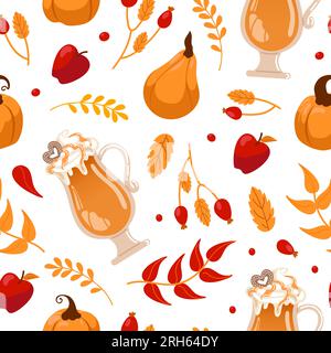 Amante delle spezie di zucca. giornata internazionale del caffè. Bicchiere con schiuma di latte, zucche, foglie autunnali e mele. Modello perfetto per caffè, negozi, menu Illustrazione Vettoriale