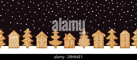 Gingerbread. Case in stile europeo, decorate con ghiaccio. Cielo notturno, stelle, neve. Confine perfetto con i tradizionali biscotti per le vacanze. Per la carta da parati, Ban Illustrazione Vettoriale