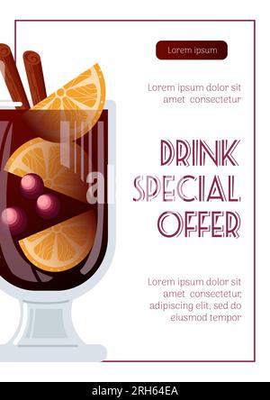 VIN brulé con arancia, mirtilli rossi e bastoncini di cannella in un calice di calice. Offerta speciale bevande invernali. Illustrazione vettoriale per poster, banner, volantini Illustrazione Vettoriale