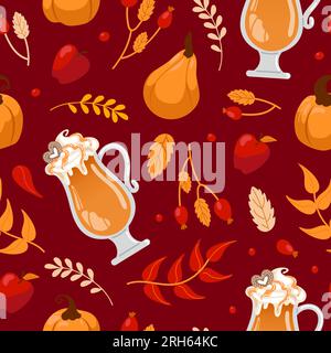 Amante delle spezie di zucca. giornata internazionale del caffè. Bicchiere con schiuma di latte, zucche, foglie autunnali e mele. Modello perfetto per caffè, negozi, menu Illustrazione Vettoriale