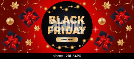 Black Friday. Banner Bright sale, stile realistico. Palline dorate, stelle e nastri, confezioni regalo con archi in raso. Scritta glitter scintillante, lig fatata Illustrazione Vettoriale