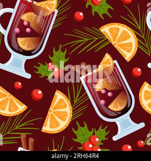 VIN brulé con arancia, mirtilli rossi e bastoncini di cannella in un calice di calice. Bevande invernali. Holly, aghi di abete rosso. Motivo senza cuciture per carta da parati, prin Illustrazione Vettoriale