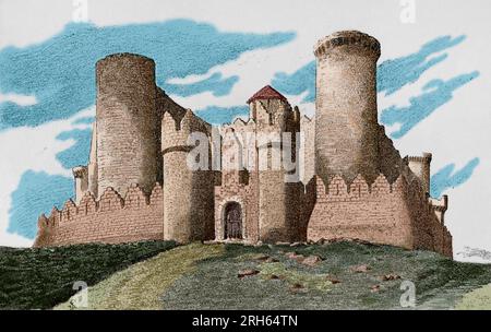 Spagna, provincia di Cuenca. Castello di Belmonte, XV secolo. Incisione. Museo Militar, 1883. Colorazione successiva. Foto Stock