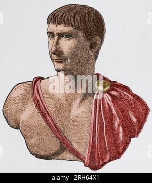 Traiano (53-117). Imperatore romano (98-117). Incisione. Museo Militar, 1883. Colorazione successiva. Foto Stock