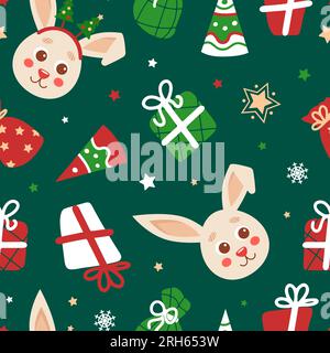 Motivo natalizio senza cuciture in stile cartone animato. Coniglio simbolo del capodanno cinese 2023. Regali, stelle, cappelli da festa, alberi di Natale, fiocchi di neve. Per wallpa Illustrazione Vettoriale