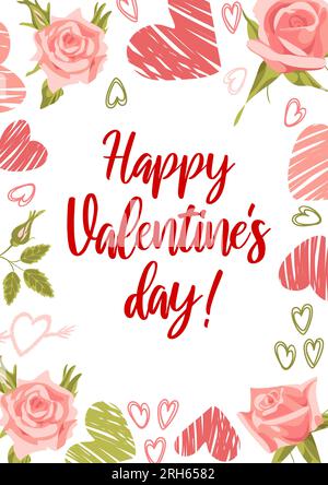 Buon giorno delle valentine. Rose delicate e realistiche, cuori grunge. Per poster, cartoline, striscioni, elementi di design, stampa su tessuto. Illustrazione Vettoriale