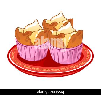 Fa Gao. Dessert cinesi, desiderio di successo, guadagno ricchezza e fortuna. Dessert cinese di Capodanno, torte, muffin. Per adesivi, poster, posta Illustrazione Vettoriale